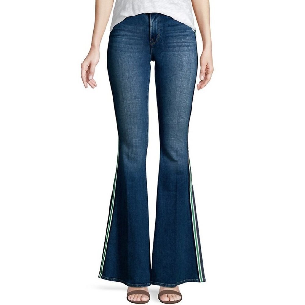 L'AGENCE Solana High-Rise Flare Side Stripe Y2K Blue Denim Cotton Jeans P1322